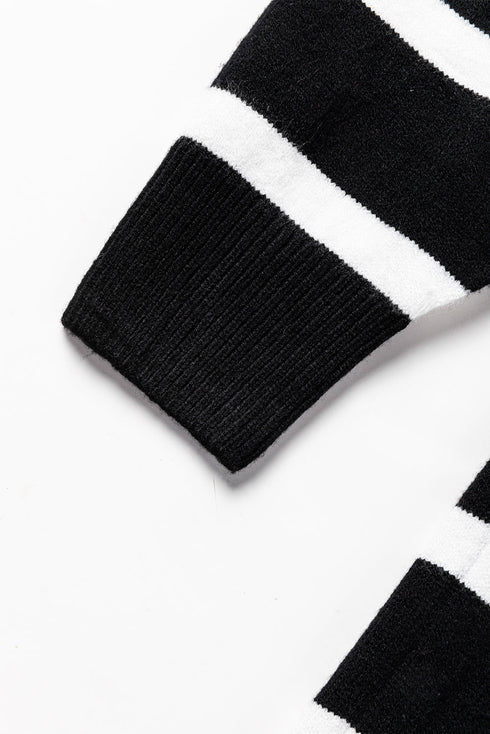 Striped O-Ring Zip Front Collared Drop Shoulder Long Sleeve Sweater Dress